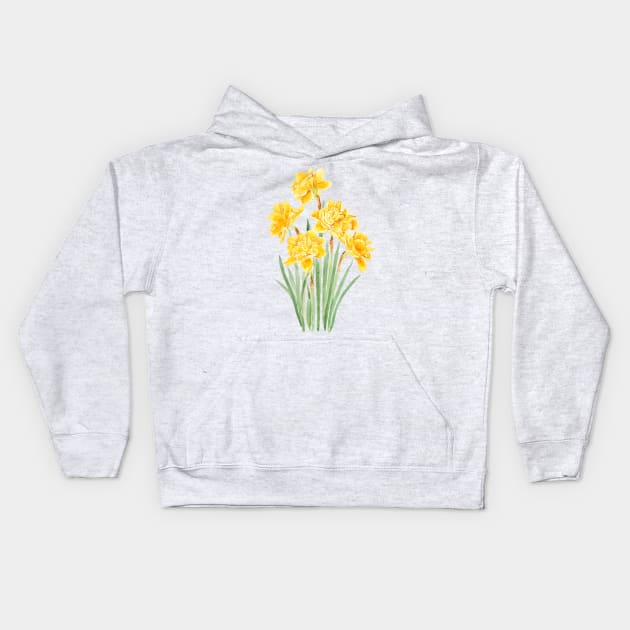 golden daffodils flowers with leaf watercolor Kids Hoodie by colorandcolor